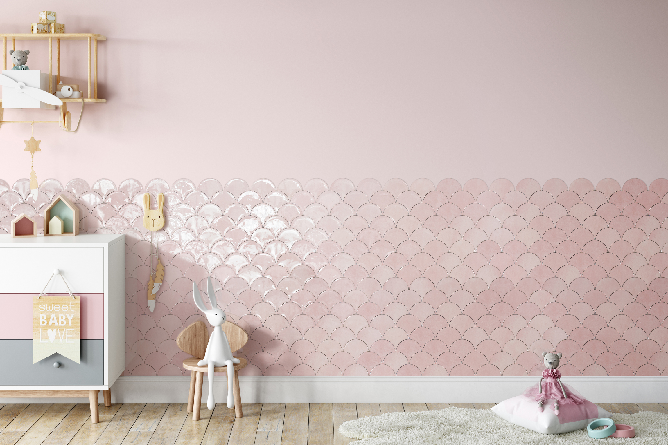 Fish scale wall tiles Glossy finish Soft pink