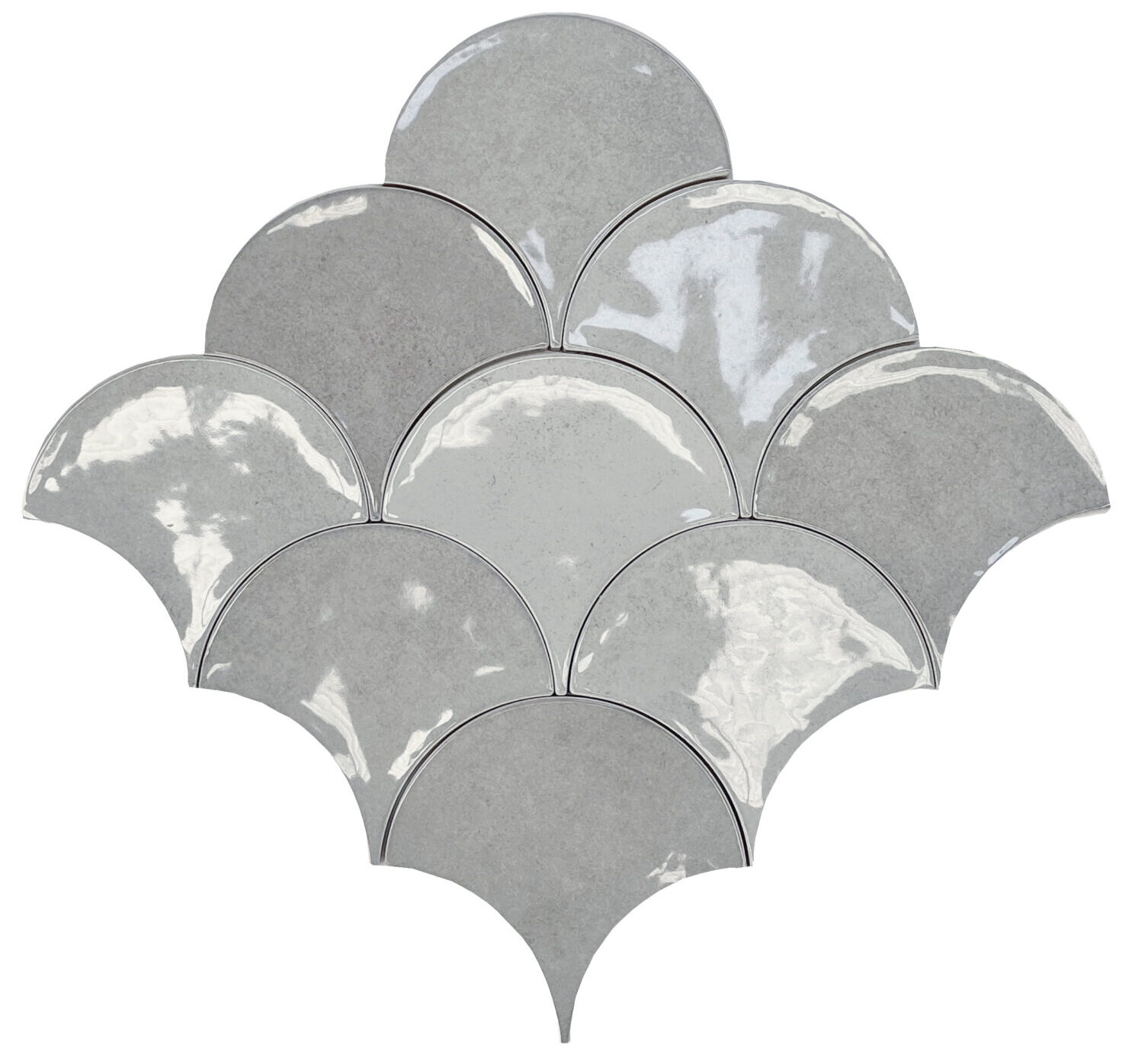 Grey fishscale wall tiles with shade variations and glossy finish